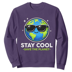 Stay Cool Save The Planet Eco-Friendly Earth Day Sweatshirt Cute Cartoon Globe with Sunglasses for Environmental Awareness TS02 Purple Print Your Wear