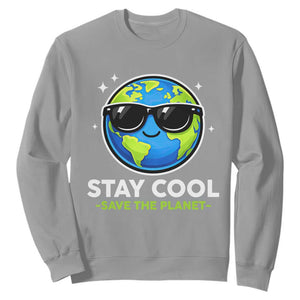 Stay Cool Save The Planet Eco-Friendly Earth Day Sweatshirt Cute Cartoon Globe with Sunglasses for Environmental Awareness TS02 Sport Gray Print Your Wear