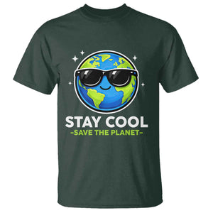 Stay Cool Save The Planet Eco-Friendly Earth Day T Shirt Cute Cartoon Globe with Sunglasses for Environmental Awareness TS02 Dark Forest Green Print Your Wear