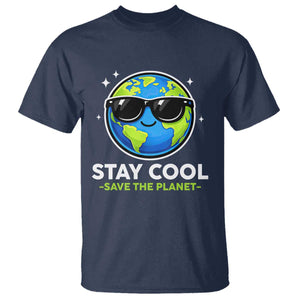 Stay Cool Save The Planet Eco-Friendly Earth Day T Shirt Cute Cartoon Globe with Sunglasses for Environmental Awareness TS02 Navy Print Your Wear