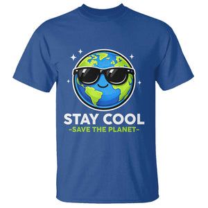 Stay Cool Save The Planet Eco-Friendly Earth Day T Shirt Cute Cartoon Globe with Sunglasses for Environmental Awareness TS02 Royal Blue Print Your Wear