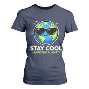 Stay Cool Save The Planet Eco-Friendly Earth Day T Shirt For Women Cute Cartoon Globe with Sunglasses for Environmental Awareness TS02 Navy Print Your Wear