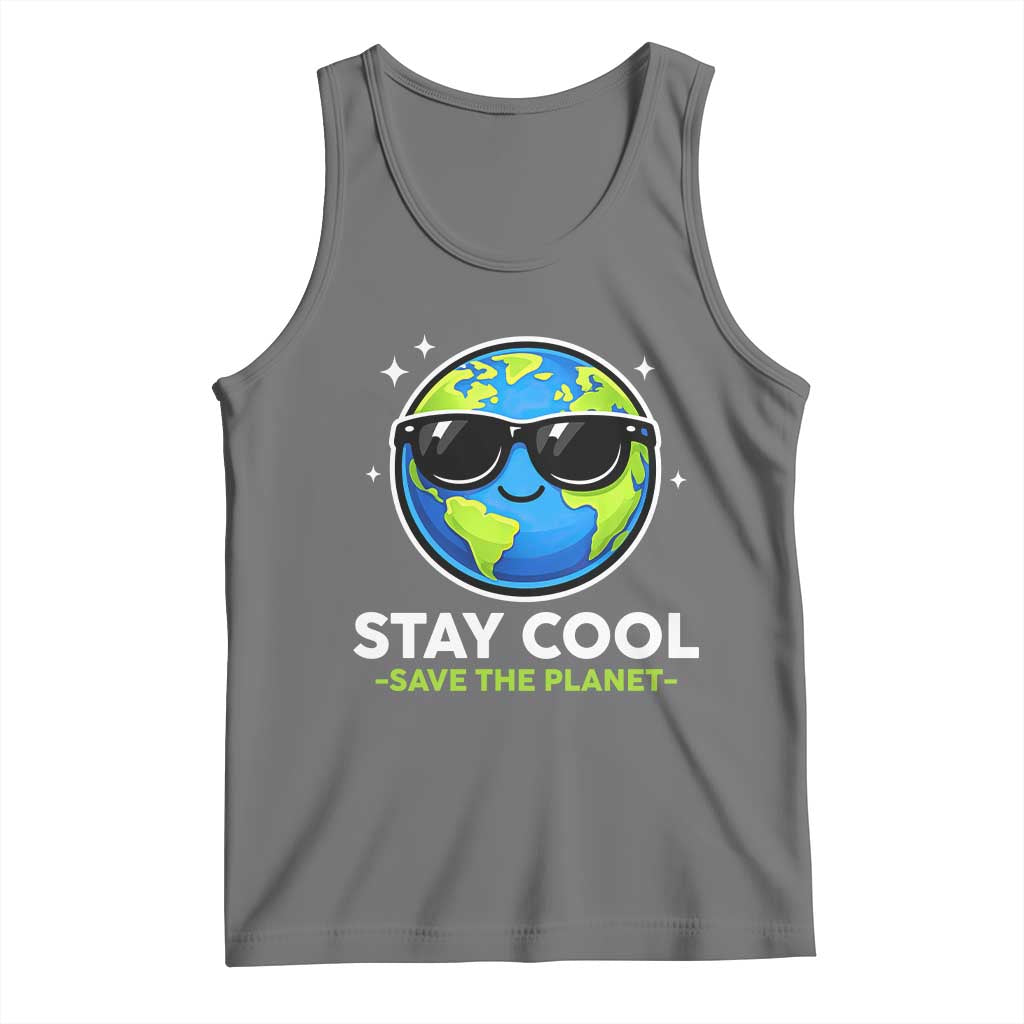 Stay Cool Save The Planet Eco-Friendly Earth Day Tank Top Cute Cartoon Globe with Sunglasses for Environmental Awareness TS02 Black Heather Print Your Wear