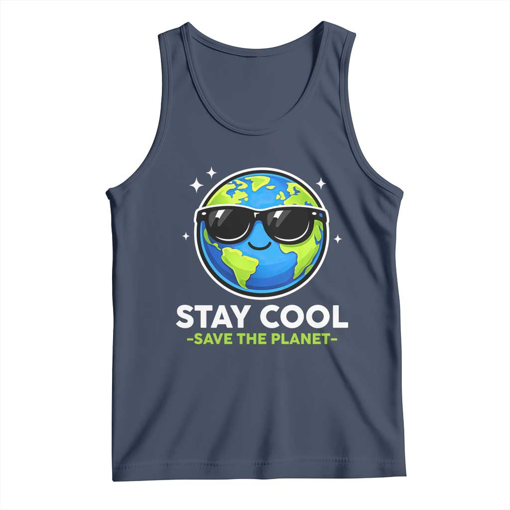 Stay Cool Save The Planet Eco-Friendly Earth Day Tank Top Cute Cartoon Globe with Sunglasses for Environmental Awareness TS02 Navy Print Your Wear