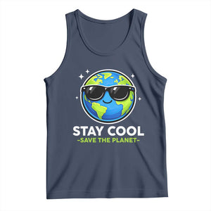 Stay Cool Save The Planet Eco-Friendly Earth Day Tank Top Cute Cartoon Globe with Sunglasses for Environmental Awareness TS02 Navy Print Your Wear