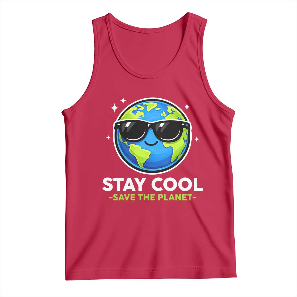 Stay Cool Save The Planet Eco-Friendly Earth Day Tank Top Cute Cartoon Globe with Sunglasses for Environmental Awareness TS02 Red Print Your Wear
