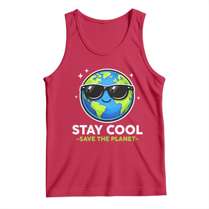 Stay Cool Save The Planet Eco-Friendly Earth Day Tank Top Cute Cartoon Globe with Sunglasses for Environmental Awareness TS02 Red Print Your Wear