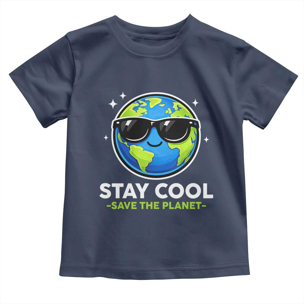 Stay Cool Save The Planet Eco-Friendly Earth Day Toddler T Shirt Cute Cartoon Globe with Sunglasses for Environmental Awareness TS02 Navy Print Your Wear