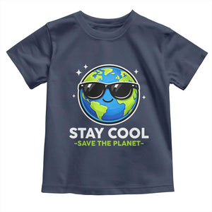 Stay Cool Save The Planet Eco-Friendly Earth Day Toddler T Shirt Cute Cartoon Globe with Sunglasses for Environmental Awareness TS02 Navy Print Your Wear