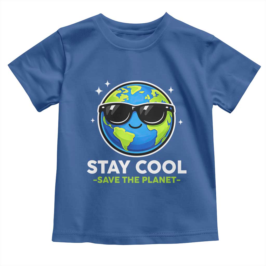 Stay Cool Save The Planet Eco-Friendly Earth Day Toddler T Shirt Cute Cartoon Globe with Sunglasses for Environmental Awareness TS02 Royal Blue Print Your Wear