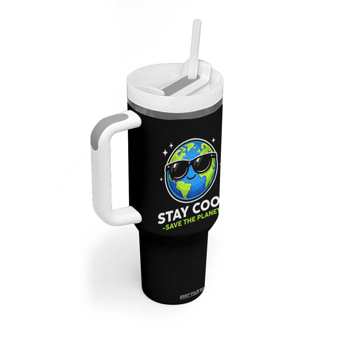 Stay Cool Save The Planet Eco-Friendly Earth Day Tumbler With Handle Cute Cartoon Globe with Sunglasses for Environmental Awareness TS02 Print Your Wear