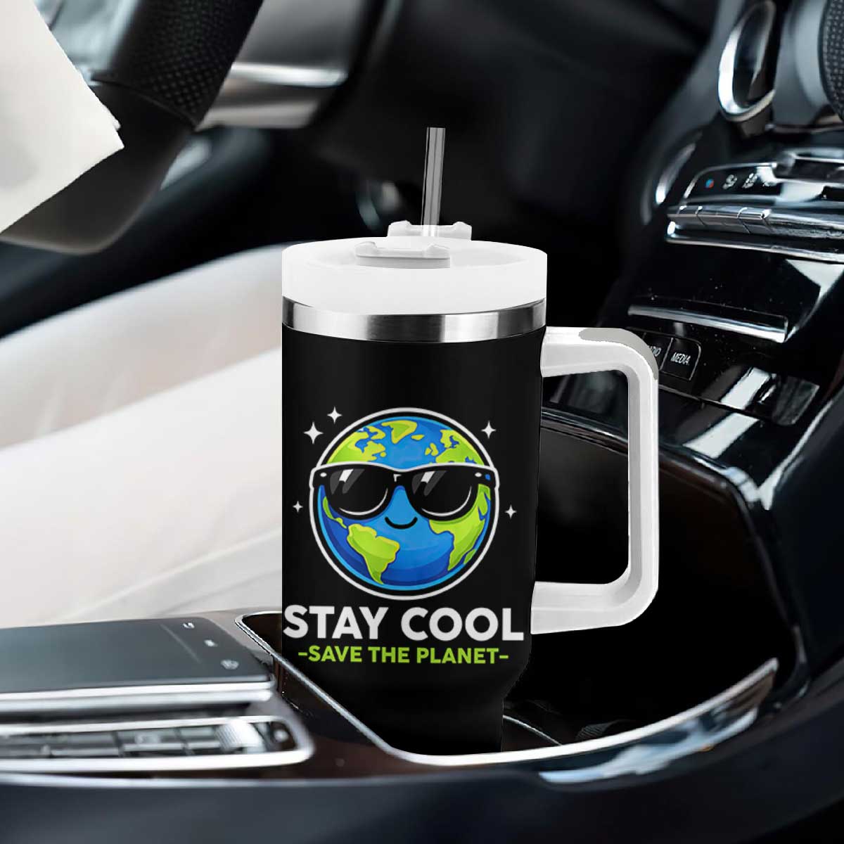 Stay Cool Save The Planet Eco-Friendly Earth Day Tumbler With Handle Cute Cartoon Globe with Sunglasses for Environmental Awareness TS02 Print Your Wear