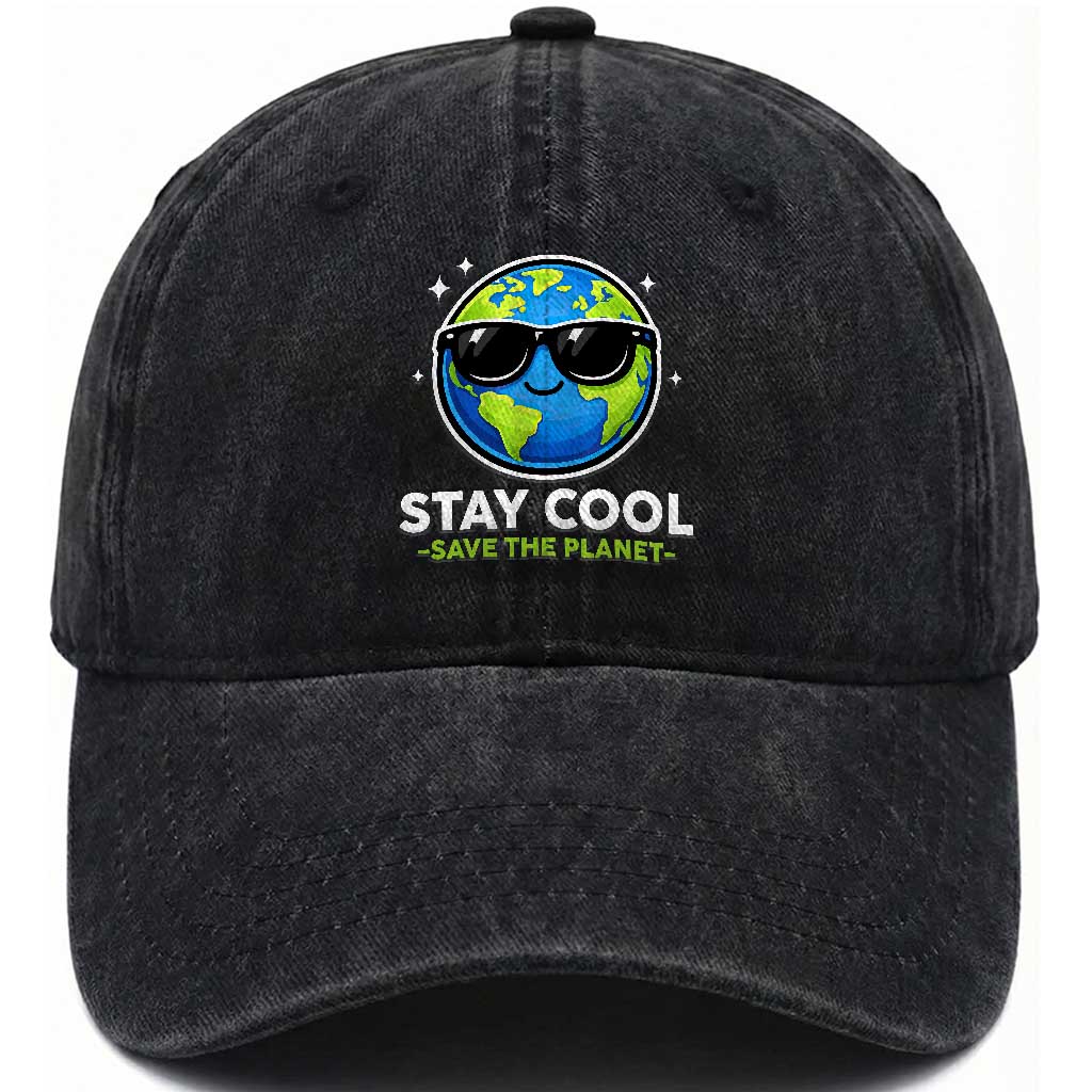 Stay Cool Save The Planet Eco-Friendly Earth Day Washed Cotton Baseball Cap Cute Cartoon Globe with Sunglasses for Environmental Awareness TS02 Print Your Wear