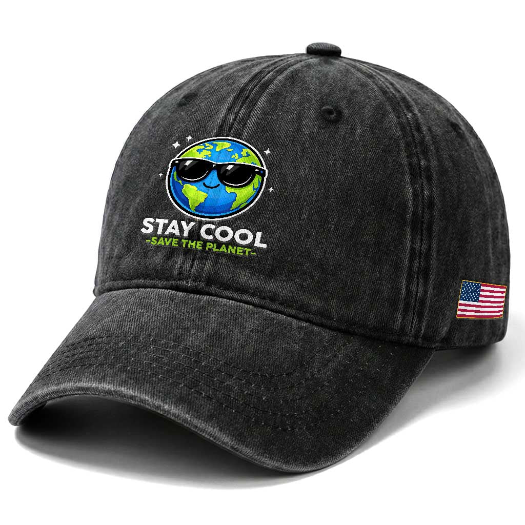 Stay Cool Save The Planet Eco-Friendly Earth Day Washed Cotton Baseball Cap Cute Cartoon Globe with Sunglasses for Environmental Awareness TS02 Print Your Wear