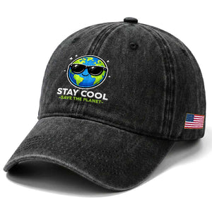 Stay Cool Save The Planet Eco-Friendly Earth Day Washed Cotton Baseball Cap Cute Cartoon Globe with Sunglasses for Environmental Awareness TS02 Print Your Wear
