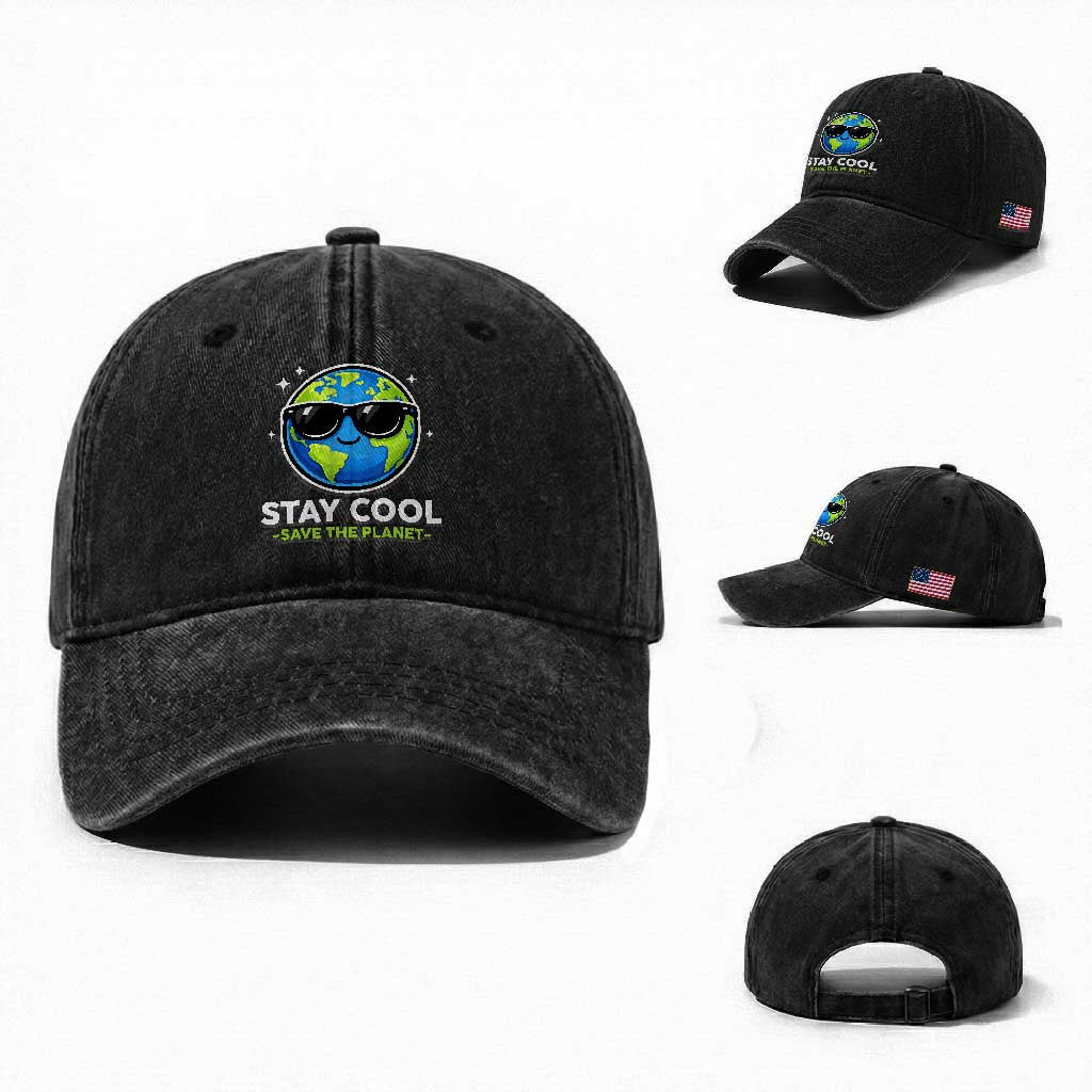 Stay Cool Save The Planet Eco-Friendly Earth Day Washed Cotton Baseball Cap Cute Cartoon Globe with Sunglasses for Environmental Awareness TS02 Washed Cap Universal Fit Black Print Your Wear