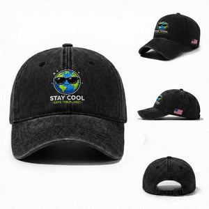 Stay Cool Save The Planet Eco-Friendly Earth Day Washed Cotton Baseball Cap Cute Cartoon Globe with Sunglasses for Environmental Awareness TS02 Washed Cap Universal Fit Black Print Your Wear
