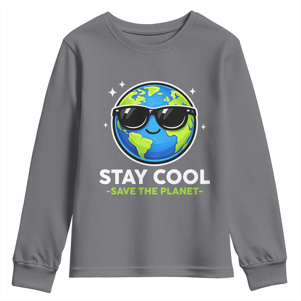 Stay Cool Save The Planet Eco-Friendly Earth Day Youth Sweatshirt Cute Cartoon Globe with Sunglasses for Environmental Awareness TS02 Charcoal Print Your Wear