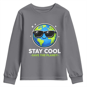 Stay Cool Save The Planet Eco-Friendly Earth Day Youth Sweatshirt Cute Cartoon Globe with Sunglasses for Environmental Awareness TS02 Charcoal Print Your Wear