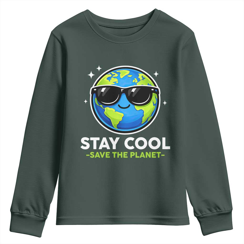 Stay Cool Save The Planet Eco-Friendly Earth Day Youth Sweatshirt Cute Cartoon Globe with Sunglasses for Environmental Awareness TS02 Dark Forest Green Print Your Wear