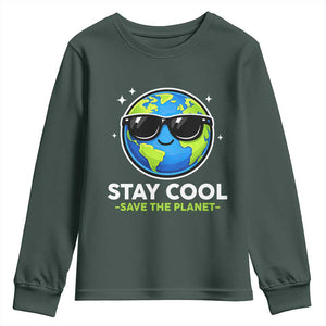 Stay Cool Save The Planet Eco-Friendly Earth Day Youth Sweatshirt Cute Cartoon Globe with Sunglasses for Environmental Awareness TS02 Dark Forest Green Print Your Wear