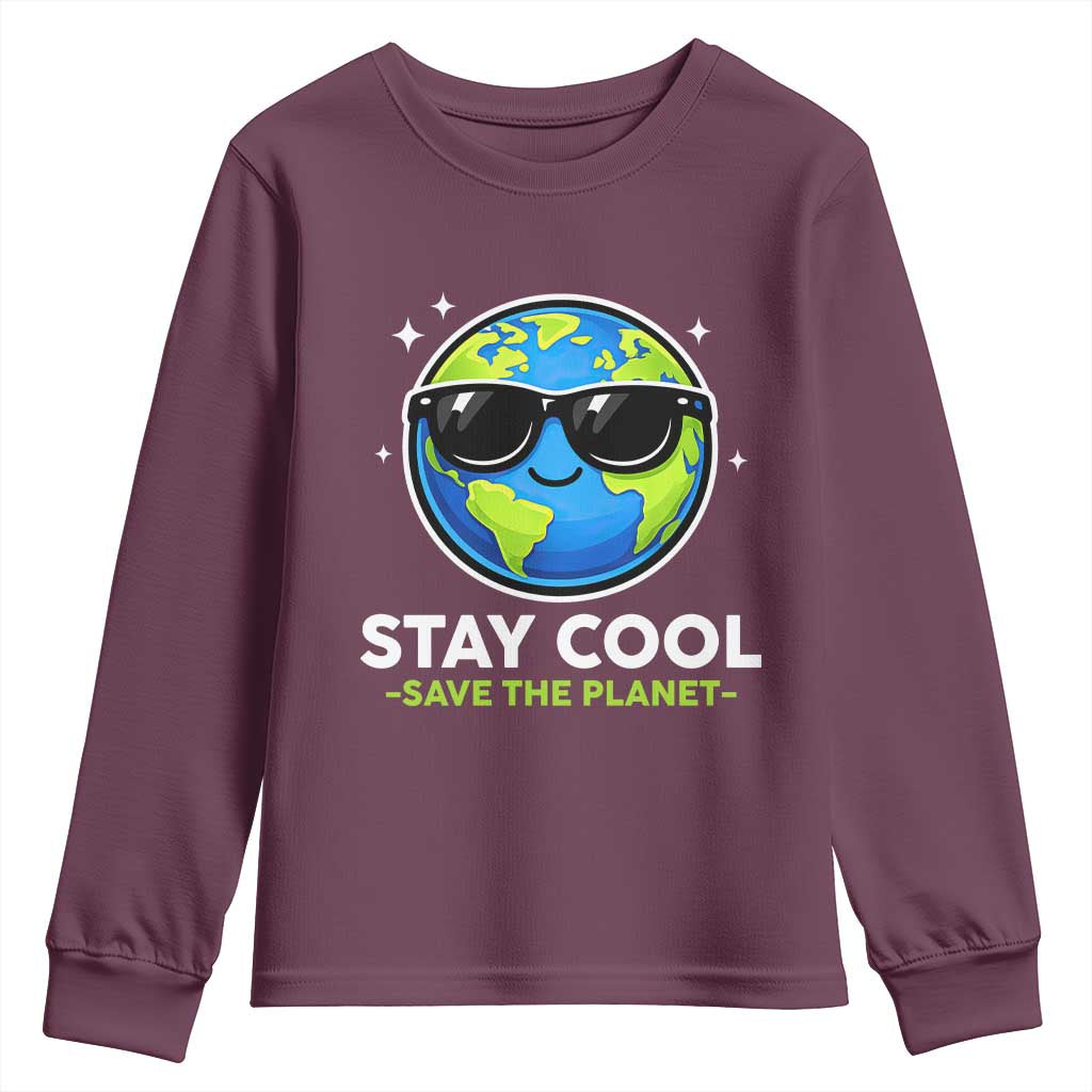 Stay Cool Save The Planet Eco-Friendly Earth Day Youth Sweatshirt Cute Cartoon Globe with Sunglasses for Environmental Awareness TS02 Maroon Print Your Wear