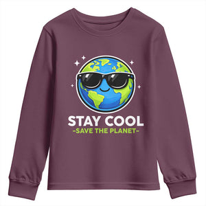 Stay Cool Save The Planet Eco-Friendly Earth Day Youth Sweatshirt Cute Cartoon Globe with Sunglasses for Environmental Awareness TS02 Maroon Print Your Wear