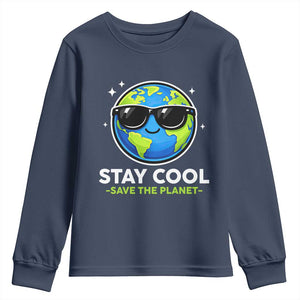 Stay Cool Save The Planet Eco-Friendly Earth Day Youth Sweatshirt Cute Cartoon Globe with Sunglasses for Environmental Awareness TS02 Navy Print Your Wear