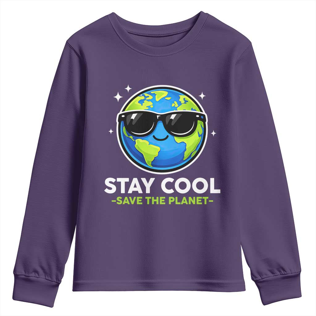 Stay Cool Save The Planet Eco-Friendly Earth Day Youth Sweatshirt Cute Cartoon Globe with Sunglasses for Environmental Awareness TS02 Purple Print Your Wear