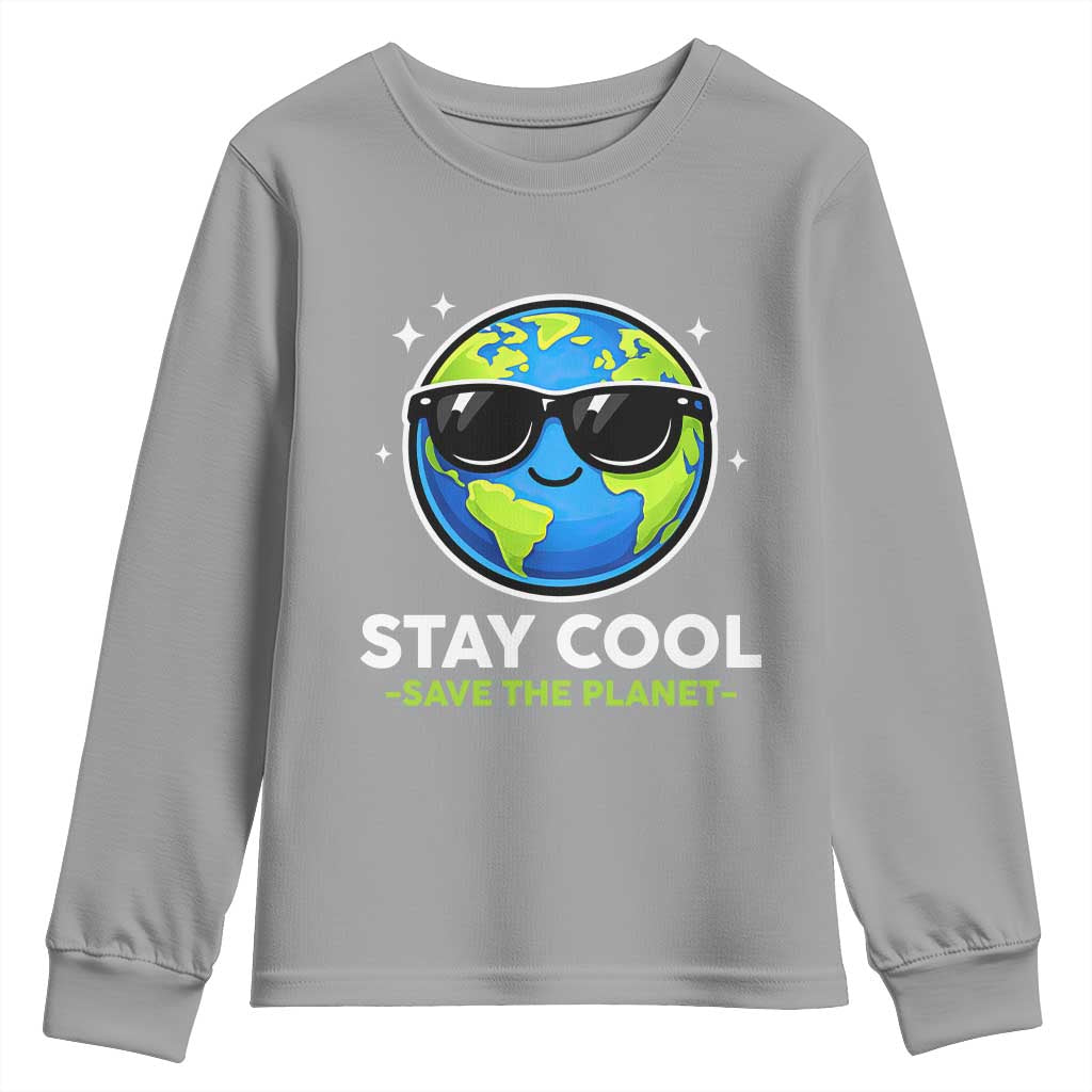 Stay Cool Save The Planet Eco-Friendly Earth Day Youth Sweatshirt Cute Cartoon Globe with Sunglasses for Environmental Awareness TS02 Sport Gray Print Your Wear