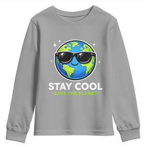 Stay Cool Save The Planet Eco-Friendly Earth Day Youth Sweatshirt Cute Cartoon Globe with Sunglasses for Environmental Awareness TS02 Sport Gray Print Your Wear