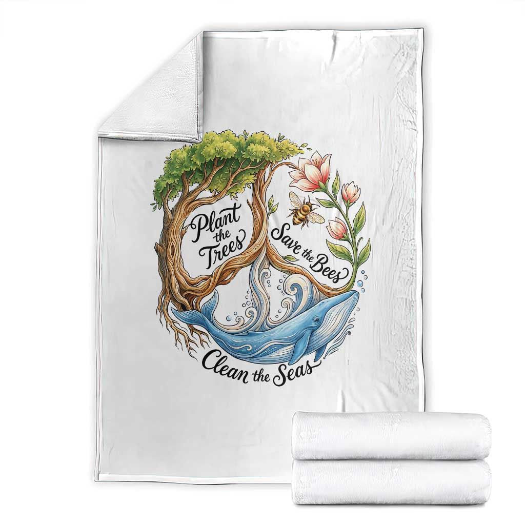 Plant The Trees Save The Bees Clean The Seas Throw Blanket Vintage Peace Sign Aesthetic Nature Lover Ocean Conservation TS02 White Print Your Wear
