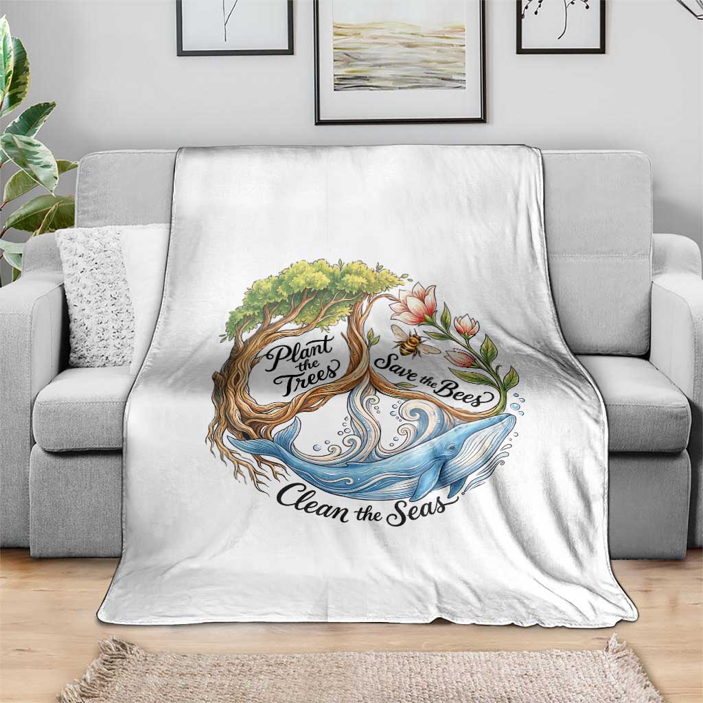 Plant The Trees Save The Bees Clean The Seas Throw Blanket Vintage Peace Sign Aesthetic Nature Lover Ocean Conservation TS02 Print Your Wear