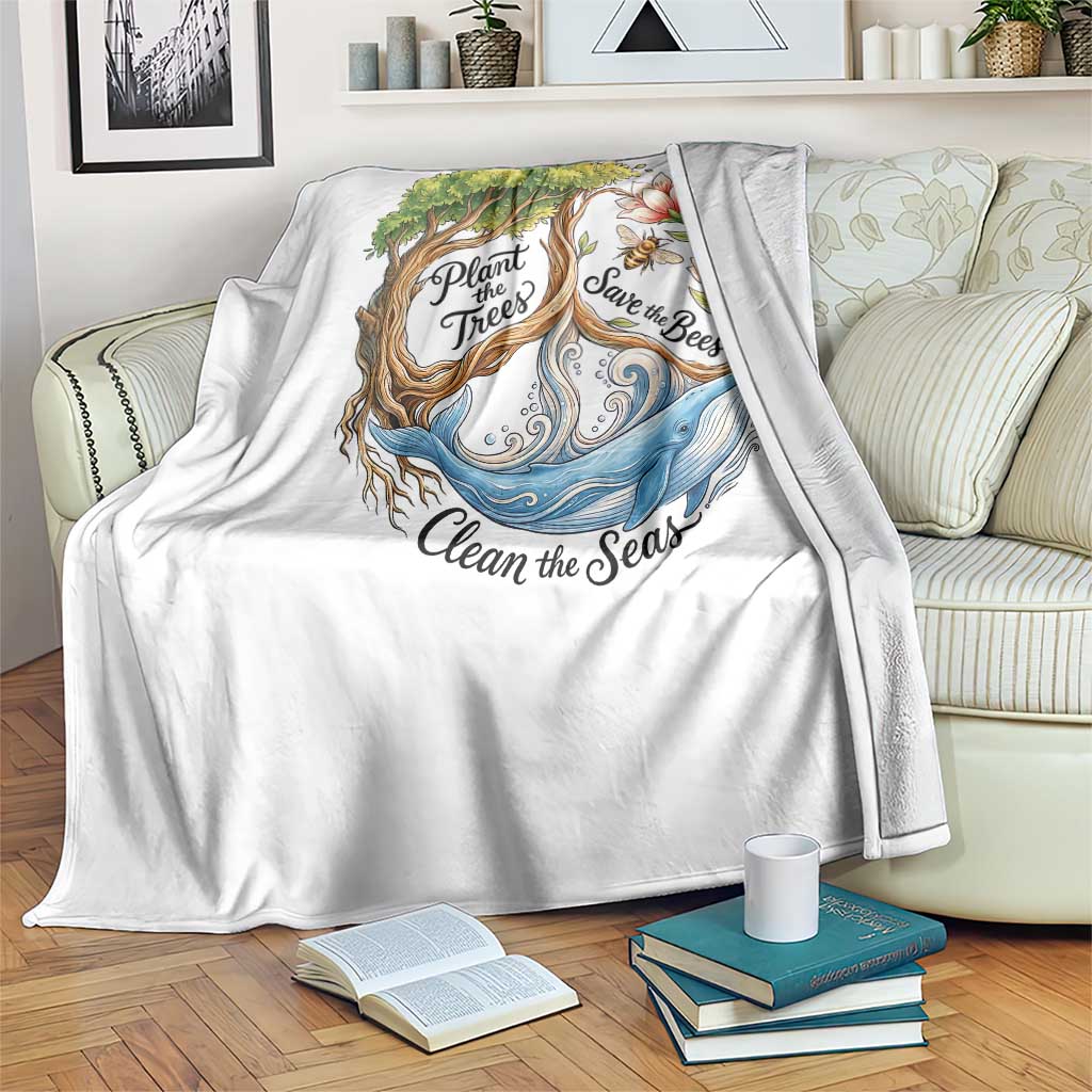 Plant The Trees Save The Bees Clean The Seas Throw Blanket Vintage Peace Sign Aesthetic Nature Lover Ocean Conservation TS02 Print Your Wear