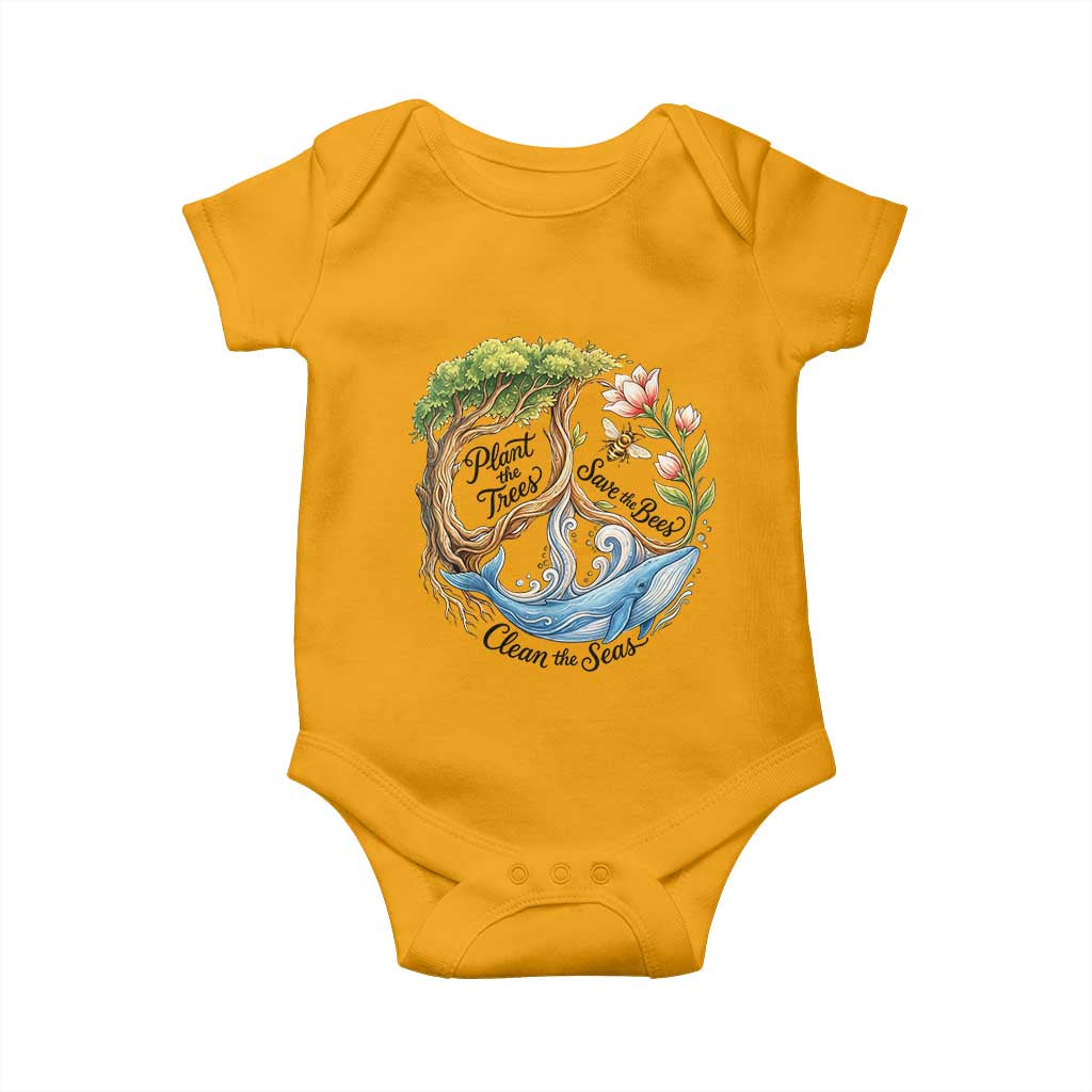 Plant The Trees Save The Bees Clean The Seas Baby Onesie Vintage Peace Sign Aesthetic Nature Lover Ocean Conservation TS02 Gold Print Your Wear