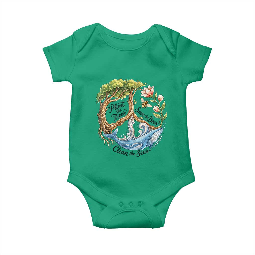 Plant The Trees Save The Bees Clean The Seas Baby Onesie Vintage Peace Sign Aesthetic Nature Lover Ocean Conservation TS02 Irish Green Print Your Wear