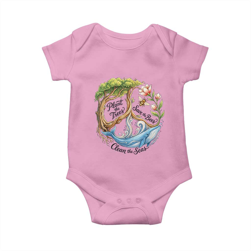 Plant The Trees Save The Bees Clean The Seas Baby Onesie Vintage Peace Sign Aesthetic Nature Lover Ocean Conservation TS02 Light Pink Print Your Wear
