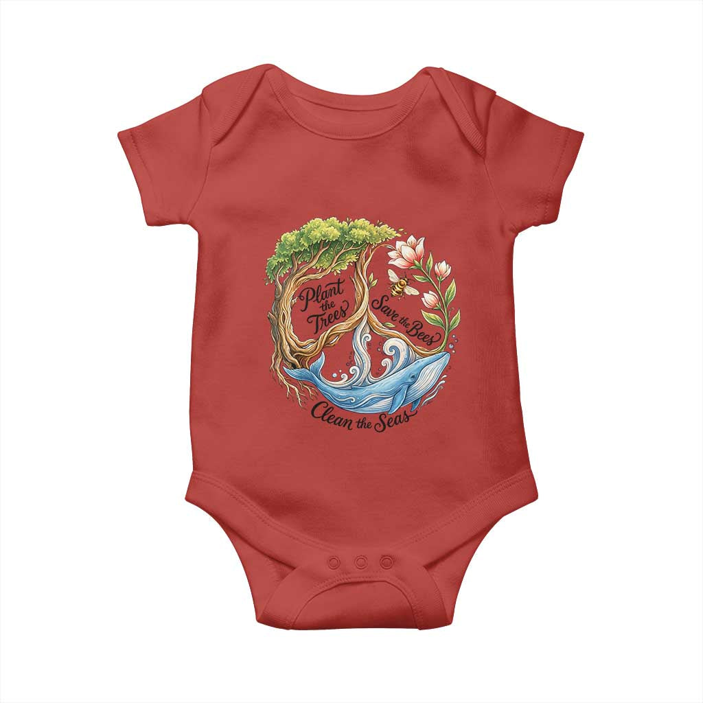 Plant The Trees Save The Bees Clean The Seas Baby Onesie Vintage Peace Sign Aesthetic Nature Lover Ocean Conservation TS02 Red Print Your Wear