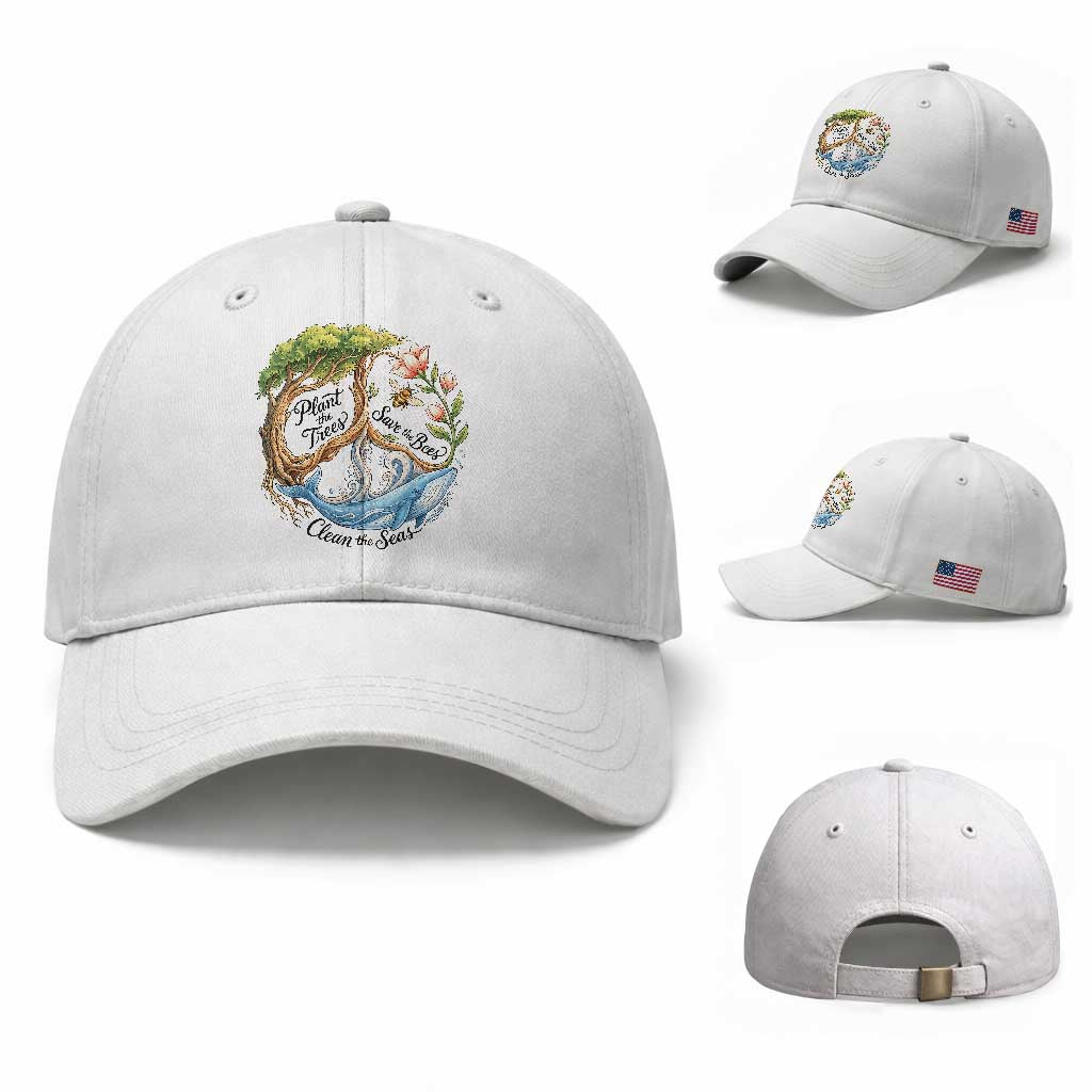Plant The Trees Save The Bees Clean The Seas Baseball Cap Vintage Peace Sign Aesthetic Nature Lover Ocean Conservation TS02 Baseball Cap Universal Fit White Print Your Wear