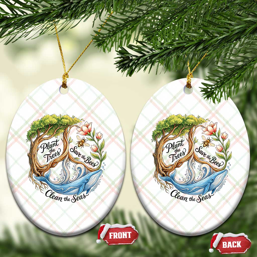 Plant The Trees Save The Bees Clean The Seas Ceramic Ornament Vintage Peace Sign Aesthetic Nature Lover Ocean Conservation TS02 Print Your Wear