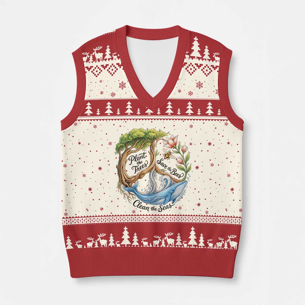 Plant The Trees Save The Bees Clean The Seas V-Neck Knit Sweater Vest Vintage Peace Sign Aesthetic Nature Lover Ocean Conservation TS02 Beige Red Print Your Wear