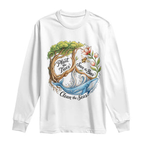 Plant The Trees Save The Bees Clean The Seas Long Sleeve Shirt Vintage Peace Sign Aesthetic Nature Lover Ocean Conservation TS02 White Print Your Wear