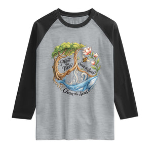 Plant The Trees Save The Bees Clean The Seas Raglan Shirt Vintage Peace Sign Aesthetic Nature Lover Ocean Conservation TS02 Heather Gray Black Print Your Wear