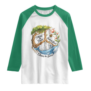 Plant The Trees Save The Bees Clean The Seas Raglan Shirt Vintage Peace Sign Aesthetic Nature Lover Ocean Conservation TS02 White Kelly Green Print Your Wear