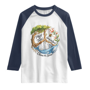 Plant The Trees Save The Bees Clean The Seas Raglan Shirt Vintage Peace Sign Aesthetic Nature Lover Ocean Conservation TS02 White Navy Print Your Wear