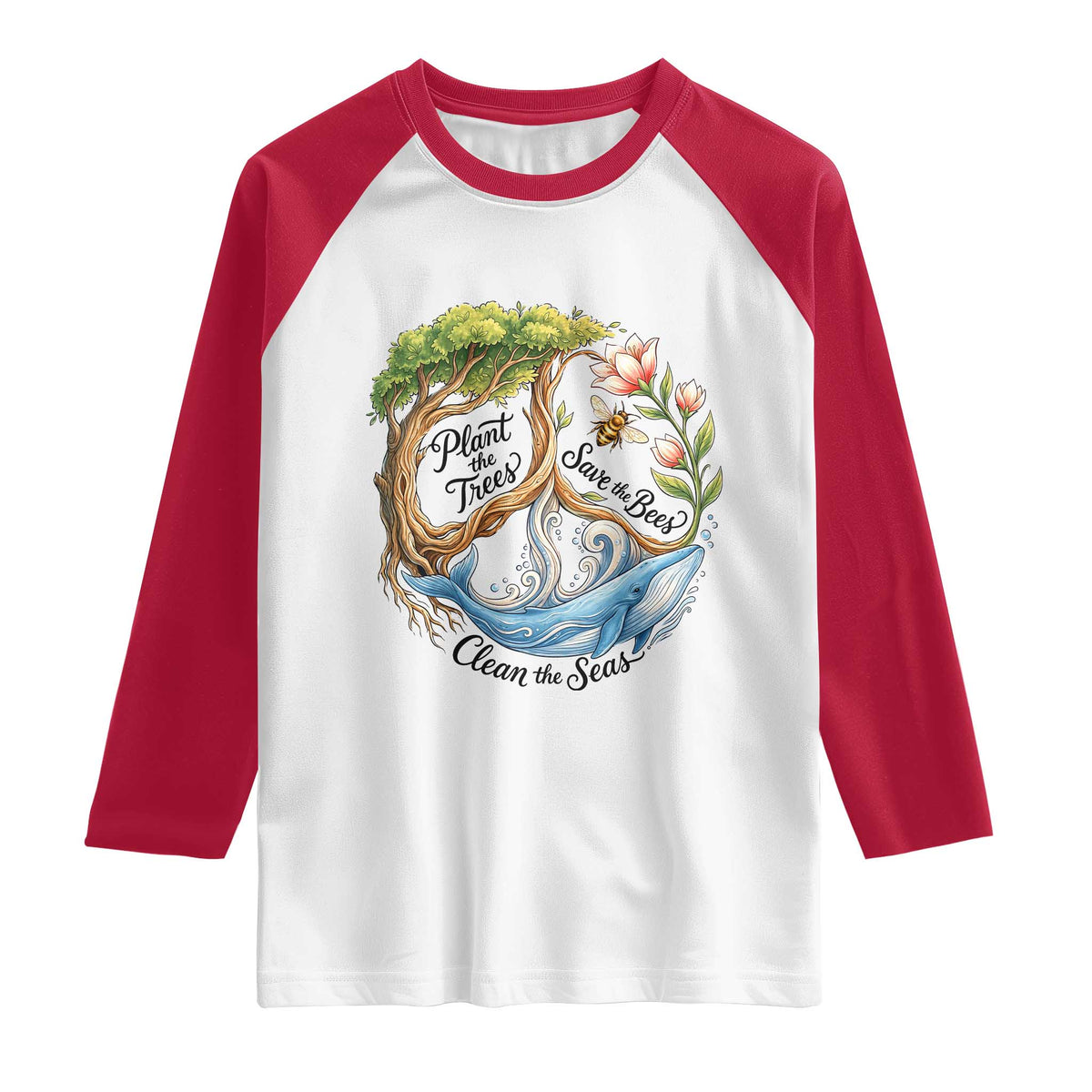 Plant The Trees Save The Bees Clean The Seas Raglan Shirt Vintage Peace Sign Aesthetic Nature Lover Ocean Conservation TS02 White Red Print Your Wear