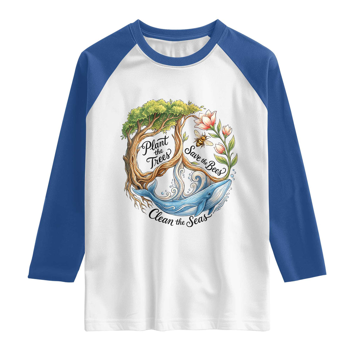 Plant The Trees Save The Bees Clean The Seas Raglan Shirt Vintage Peace Sign Aesthetic Nature Lover Ocean Conservation TS02 White Royal Print Your Wear