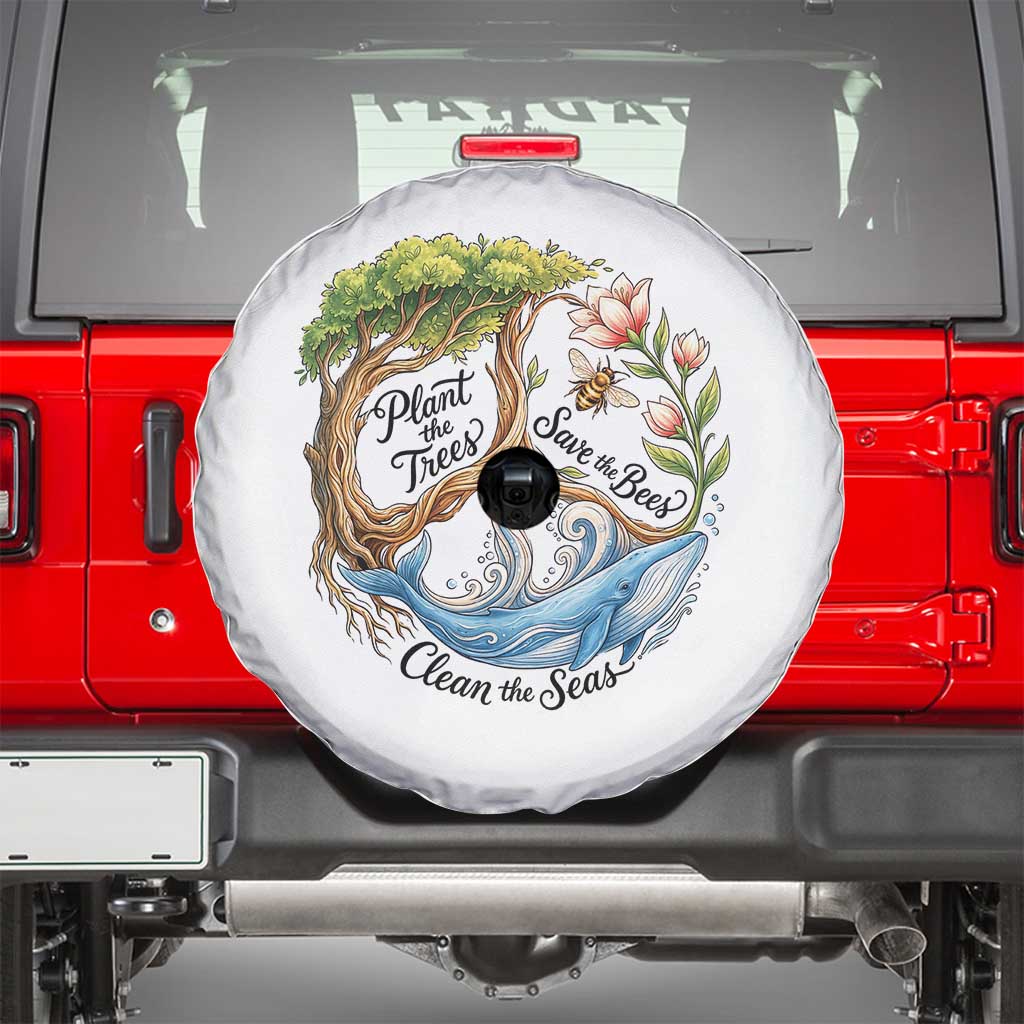 Plant The Trees Save The Bees Clean The Seas Spare Tire Cover Vintage Peace Sign Aesthetic Nature Lover Ocean Conservation TS02 White Print Your Wear