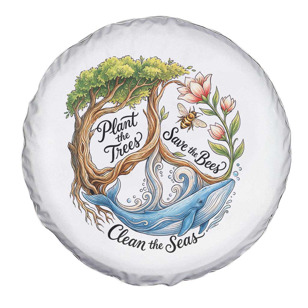 Plant The Trees Save The Bees Clean The Seas Spare Tire Cover Vintage Peace Sign Aesthetic Nature Lover Ocean Conservation TS02 Print Your Wear