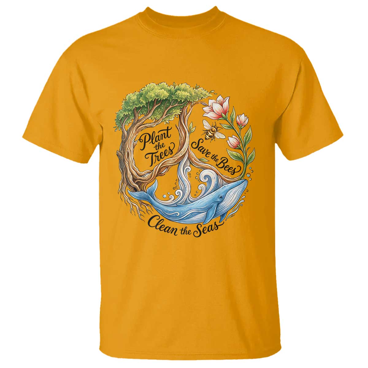 Plant The Trees Save The Bees Clean The Seas T Shirt Vintage Peace Sign Aesthetic Nature Lover Ocean Conservation TS02 Gold Print Your Wear